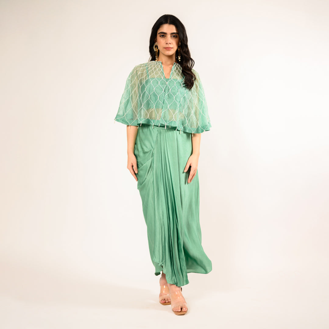 Saranae Mint Green Satin Crop Top and Skirt paired with Organza Cape