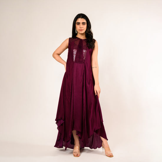 Wine Satin Dress with Fancy Flair