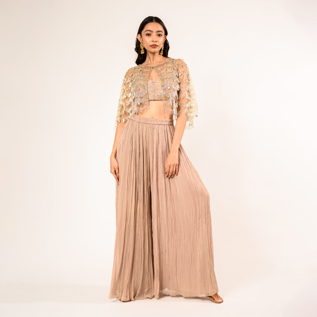 Beige Crop Top & Georgette Crushed Sharara