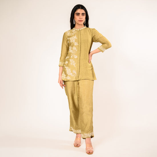 Brewed Mehendi Green Russian Silk Shirt Top with Straight Pants