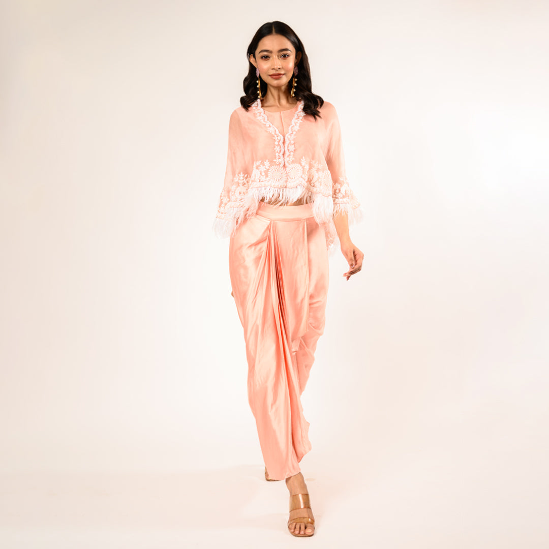 Gul Blush Pink Satin Crop Top and Skirt with Organza Cape