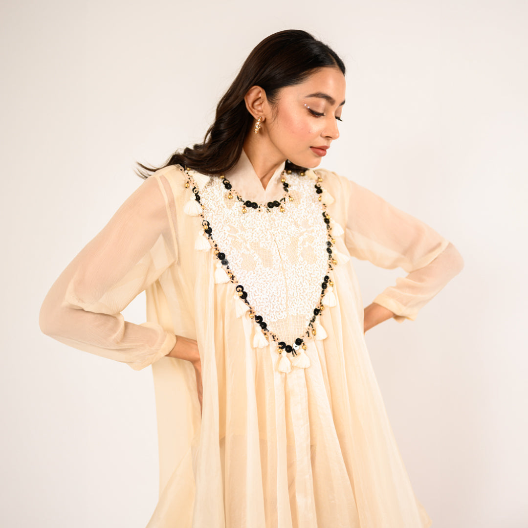 Zubeida Cream Chiffon and Organza Top with Satin Skirt