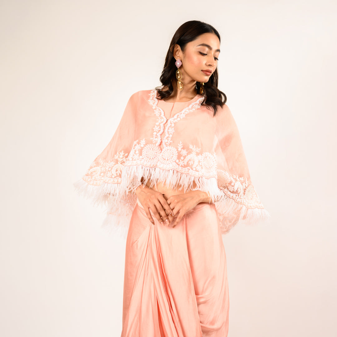 Gul Blush Pink Satin Crop Top and Skirt with Organza Cape