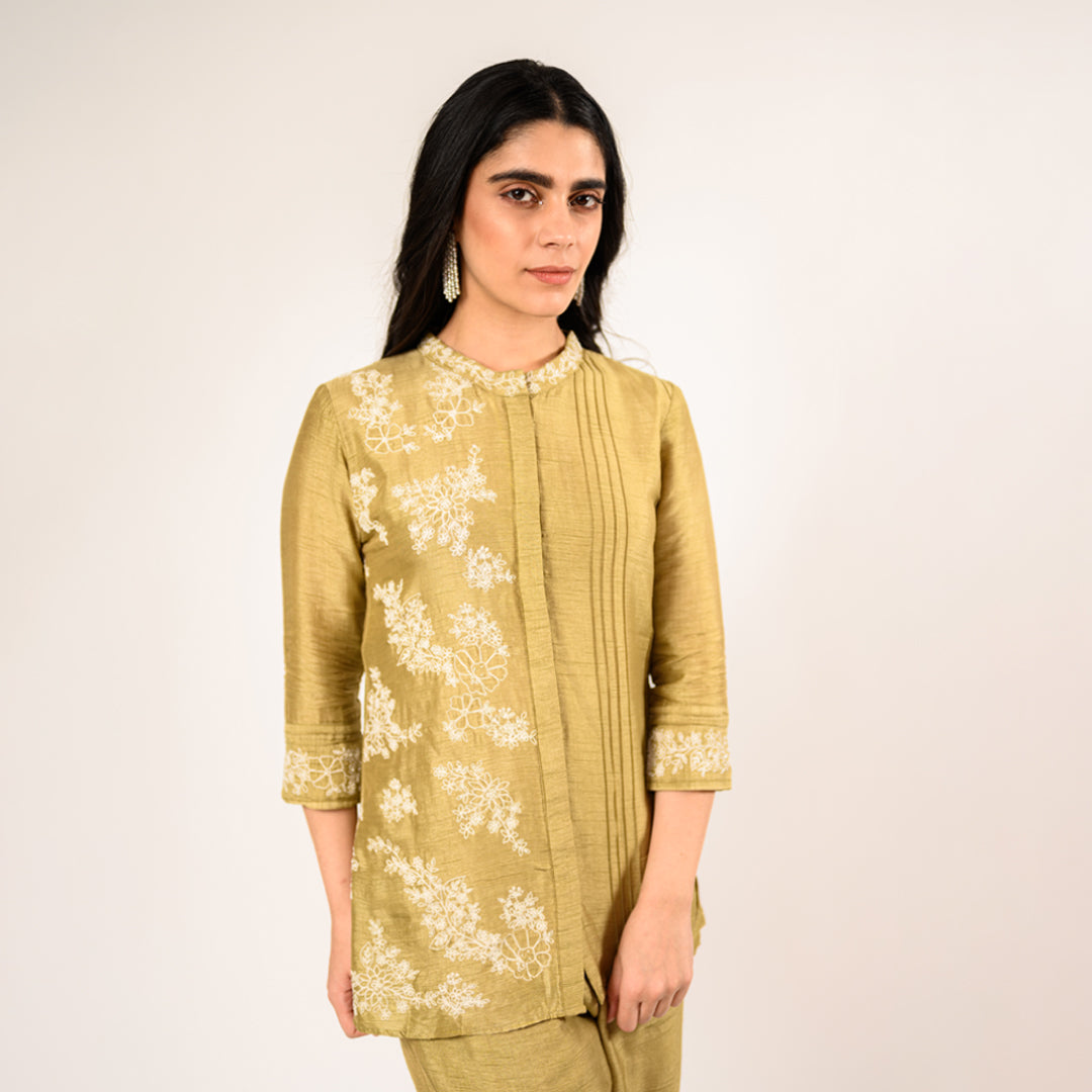 Brewed Mehendi Green Russian Silk Shirt Top with Straight Pants