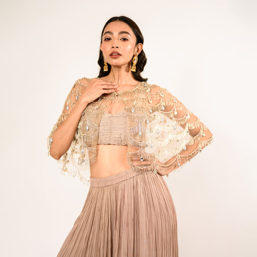 Beige Crop Top & Georgette Crushed Sharara