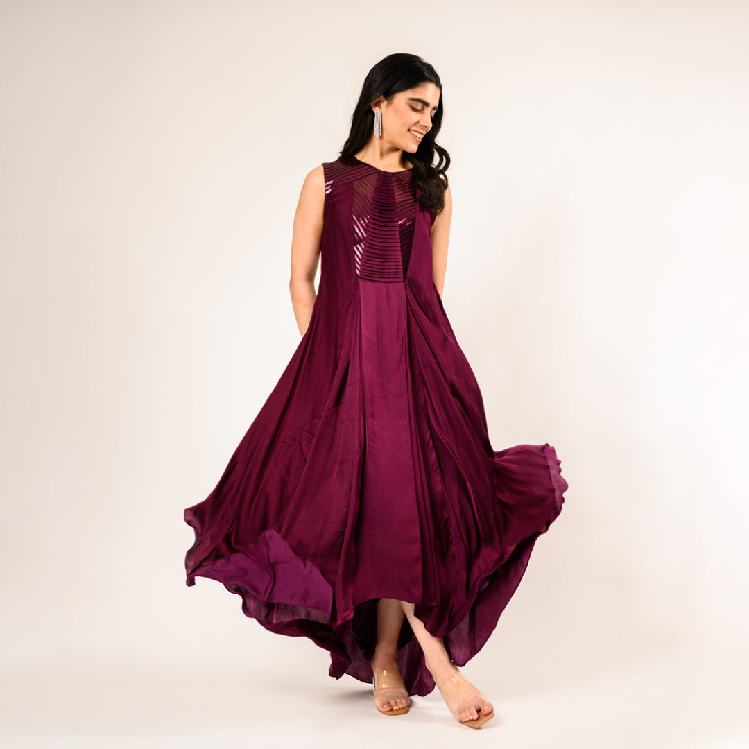 Wine Satin Dress with Fancy Flair