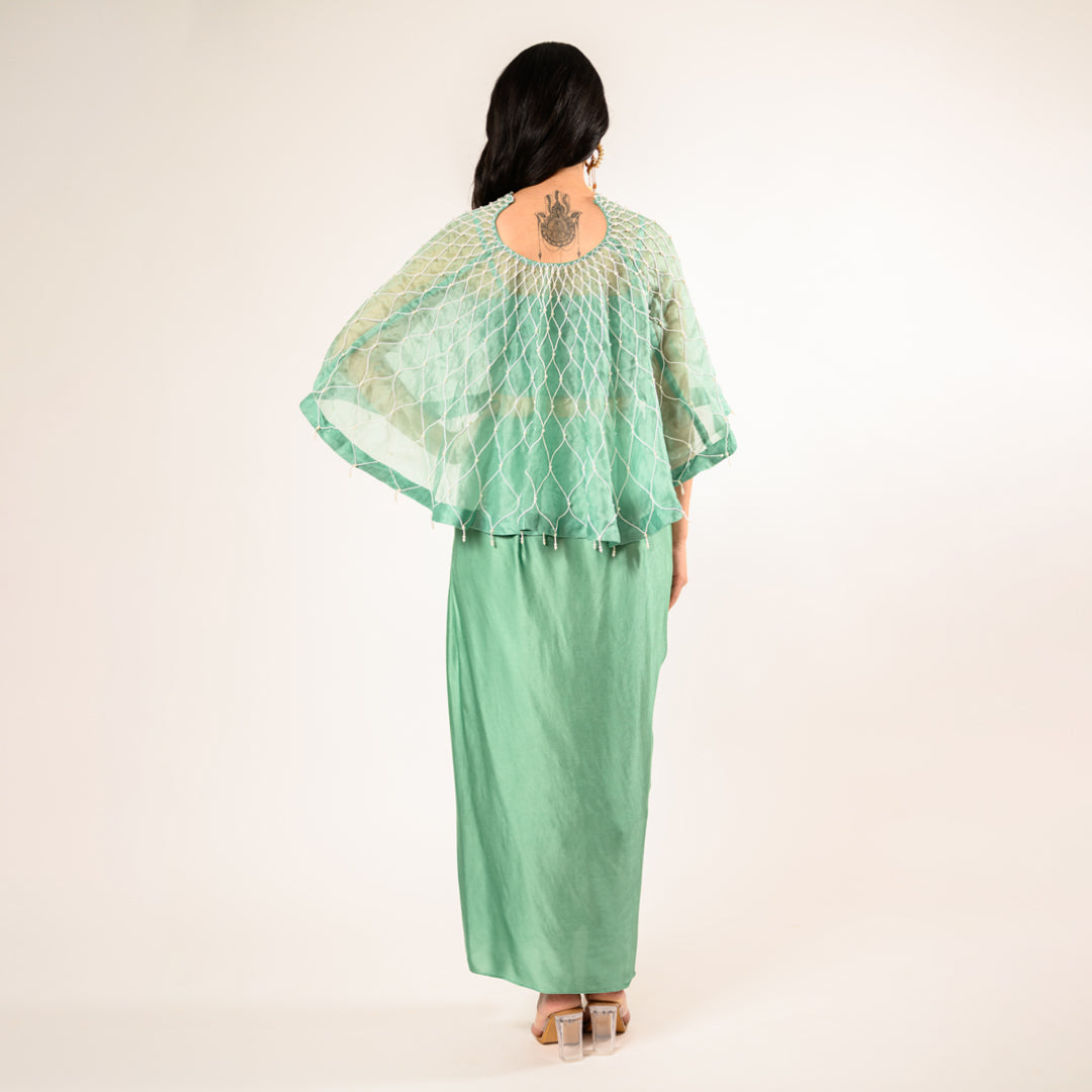 Saranae Mint Green Satin Crop Top and Skirt paired with Organza Cape