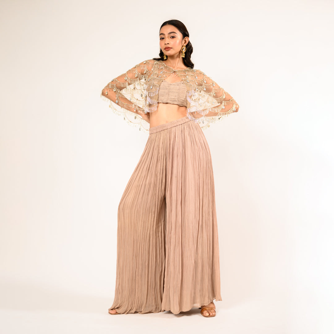 Beige Crop Top & Georgette Crushed Sharara