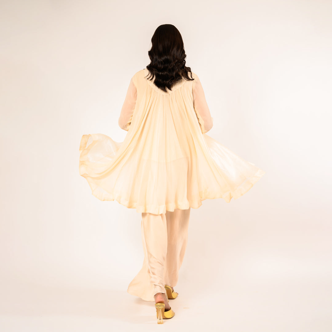 Zubeida Cream Chiffon and Organza Top with Satin Skirt