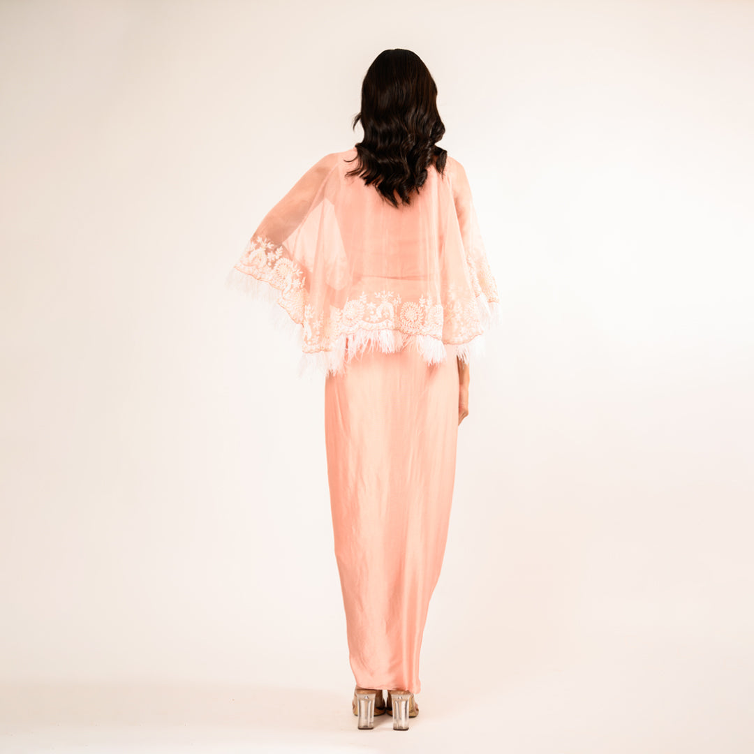 Gul Blush Pink Satin Crop Top and Skirt with Organza Cape