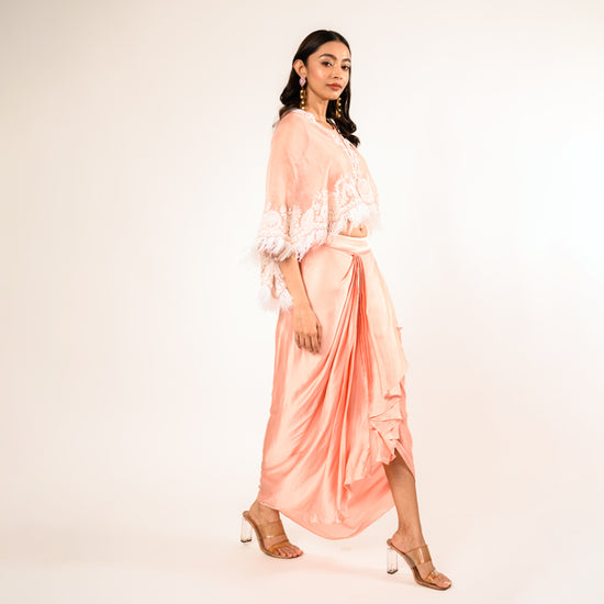 Gul Blush Pink Satin Crop Top and Skirt with Organza Cape