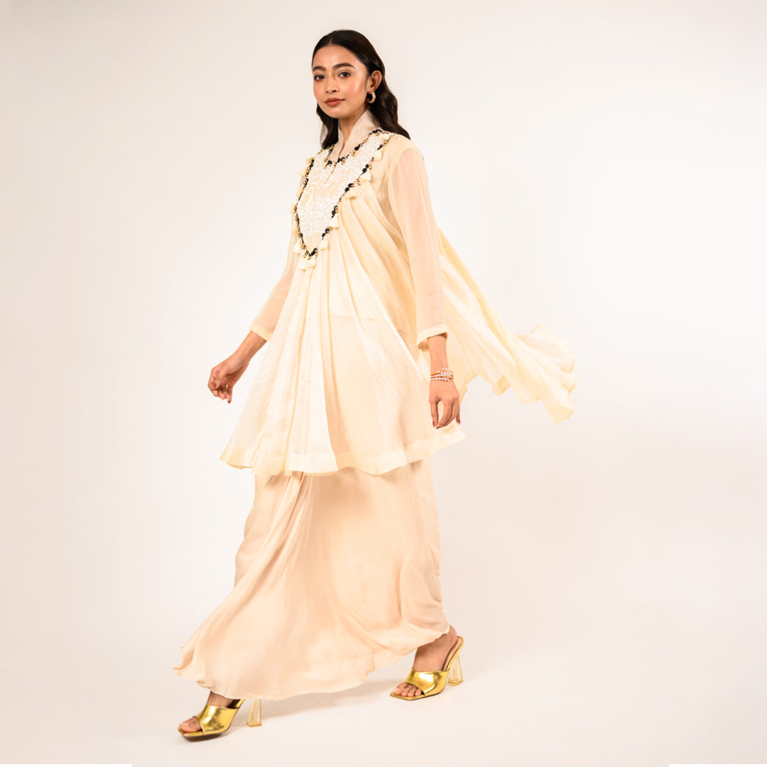 Zubeida Cream Chiffon and Organza Top with Satin Skirt