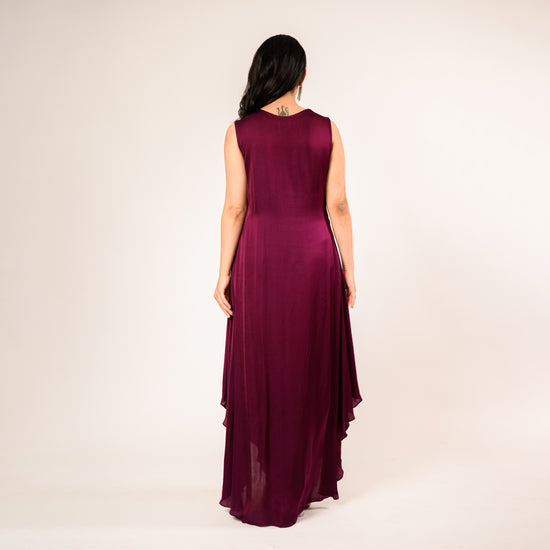 Wine Satin Dress with Fancy Flair