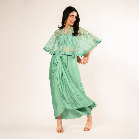 Saranae Mint Green Satin Crop Top and Skirt paired with Organza Cape