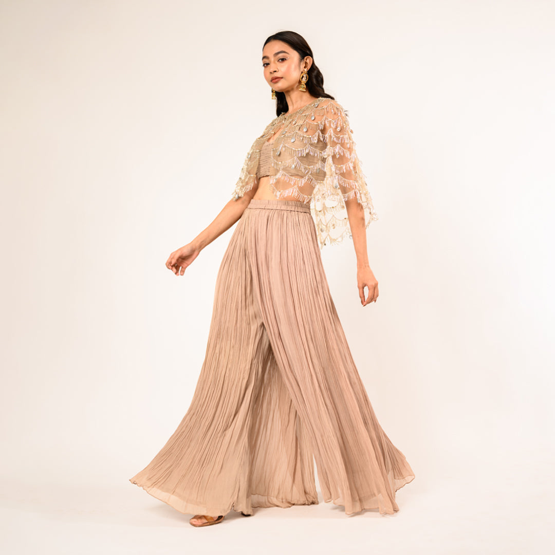 Beige Crop Top & Georgette Crushed Sharara