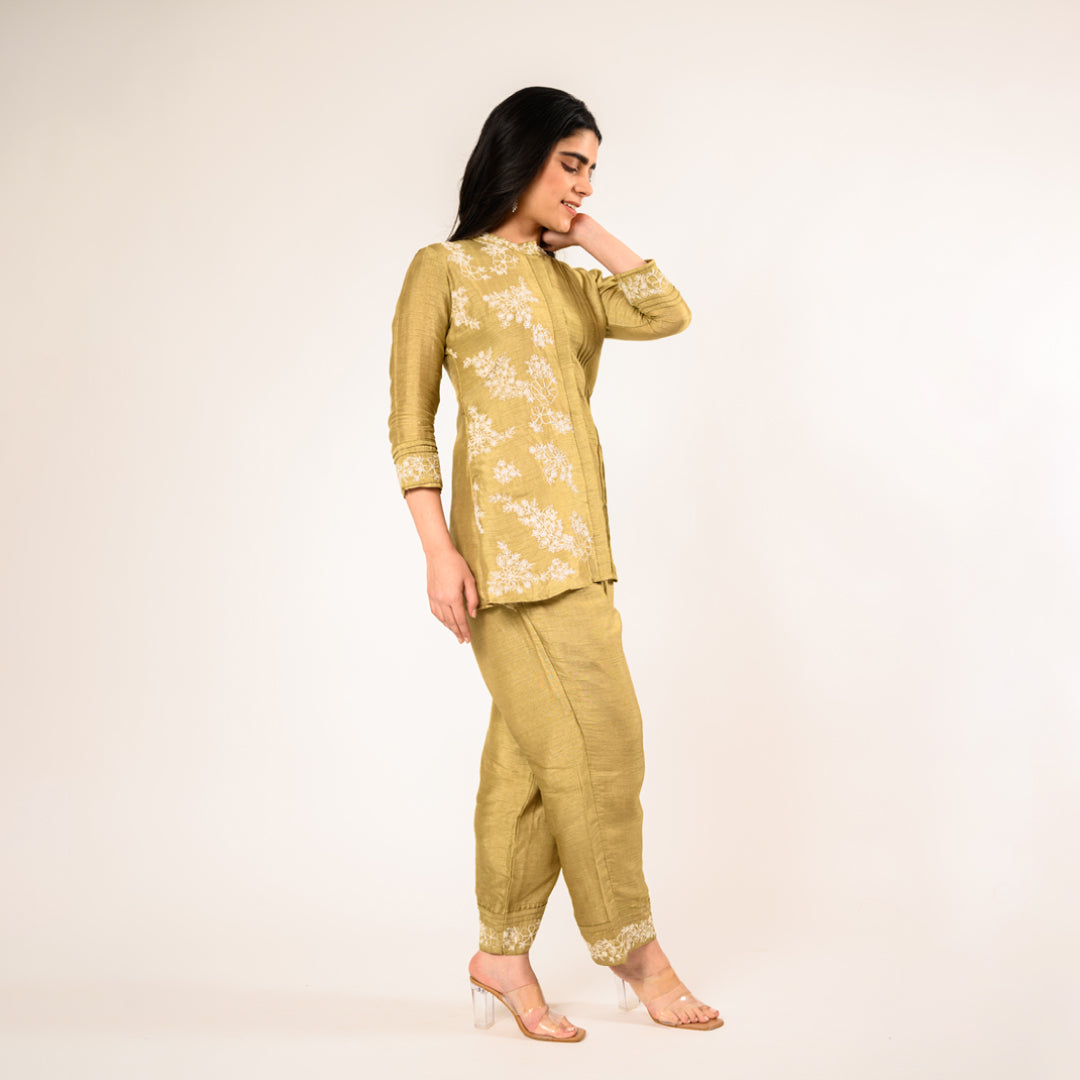 Brewed Mehendi Green Russian Silk Shirt Top with Straight Pants