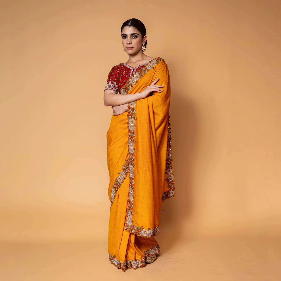 Signature Mustard and Maroon Monga Saree and Blouse