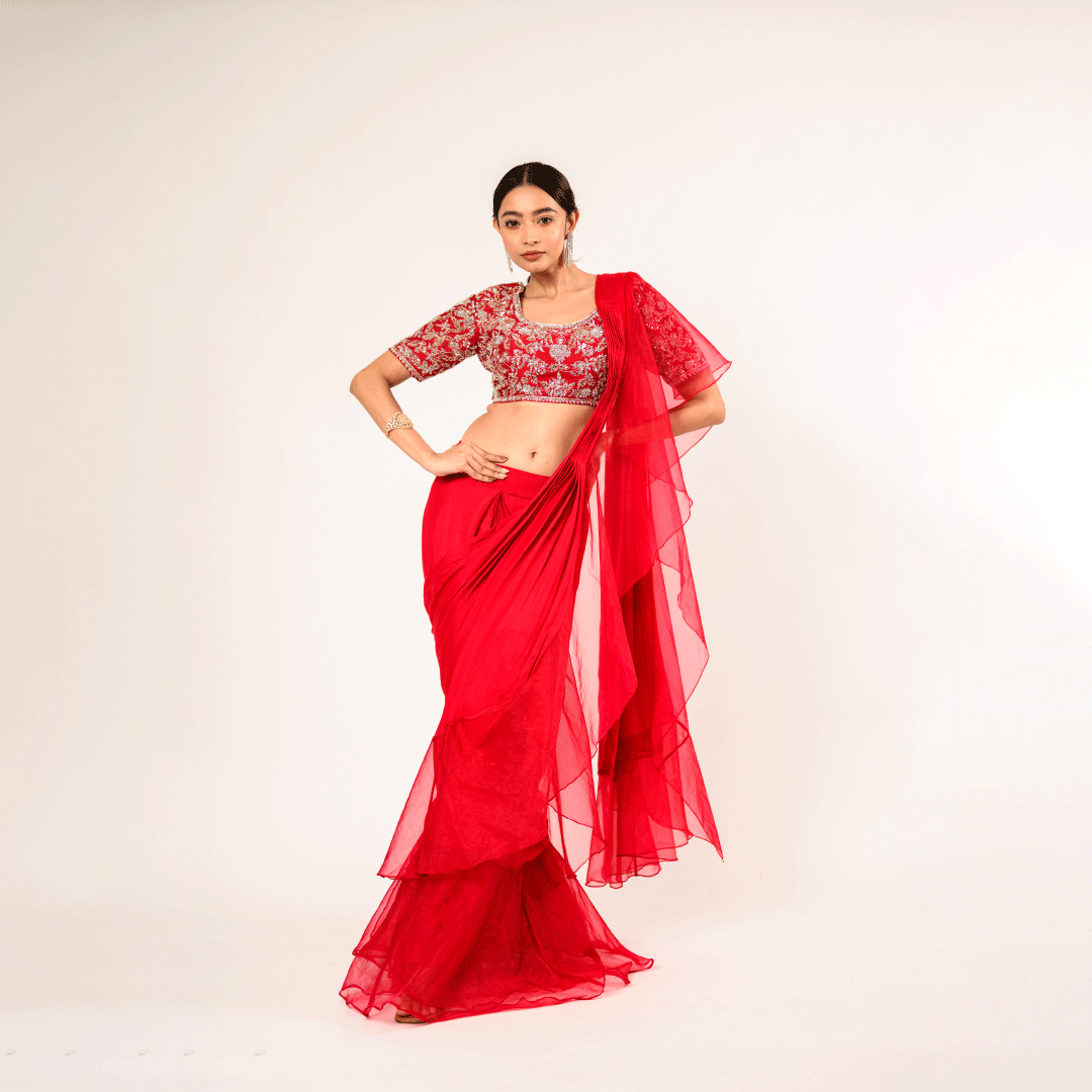 Ruffled Scarlett Pure Chinnon and Organza Drape Saree with Blouse