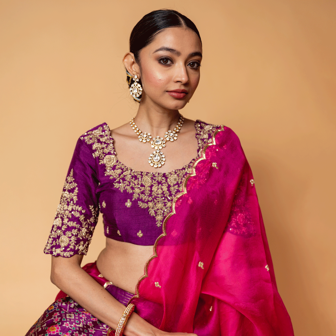 Floret Purple and Pink Silk Lehenga, Silk Blouse and Organza Dupatta