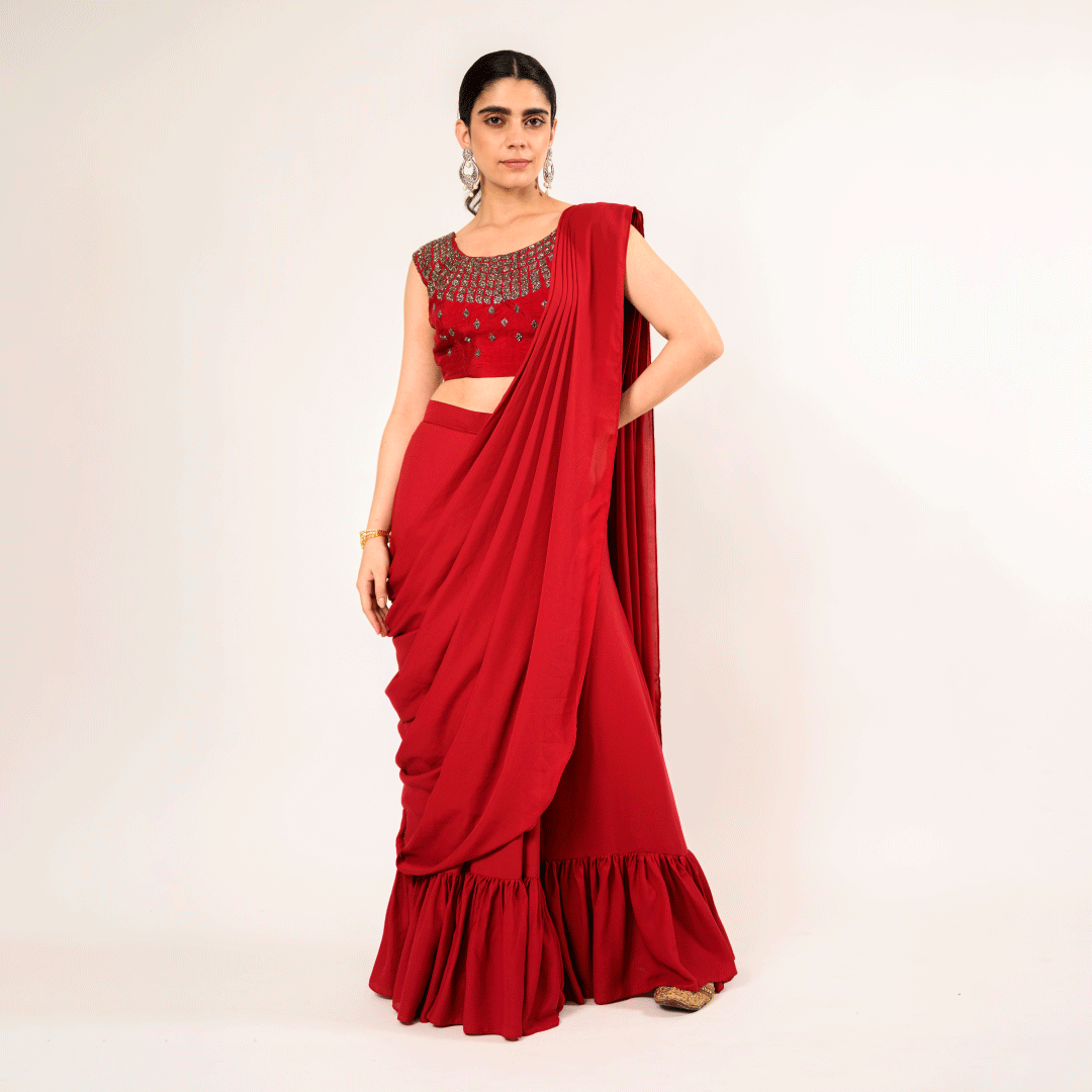 Crimson Maroon Georgette Kardhana Drape Saree and Blouse