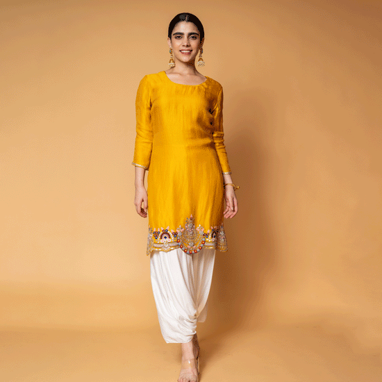 Yellow and White Organza Kurti Top and Satin Harem Pant