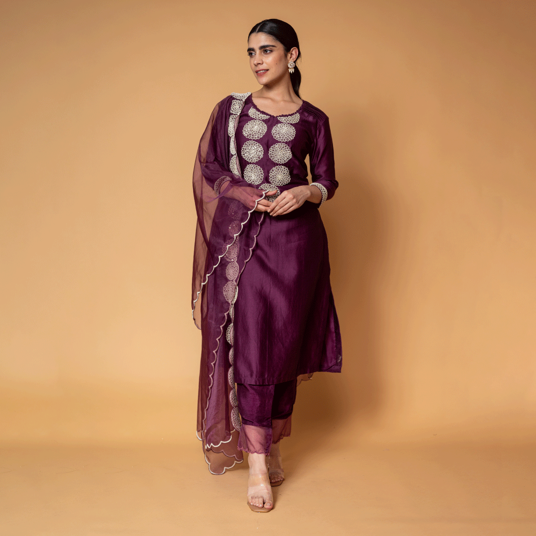 Bordeaux Chanderi Straight Kurta, Pants and Organza Dupatta