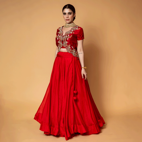 Red Carmine Pure Organza Russian Silk Top and Lehenga