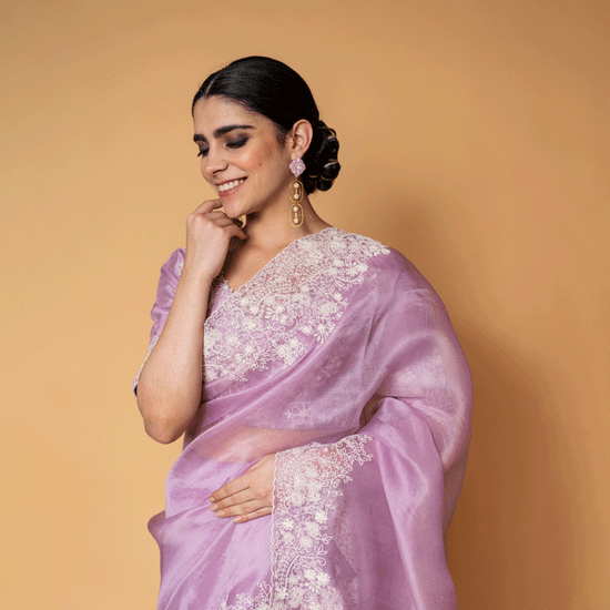 Periwinkle Pure Organza Saree and Blouse