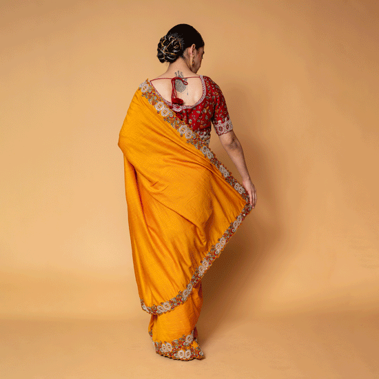 Signature Mustard and Maroon Monga Saree and Blouse