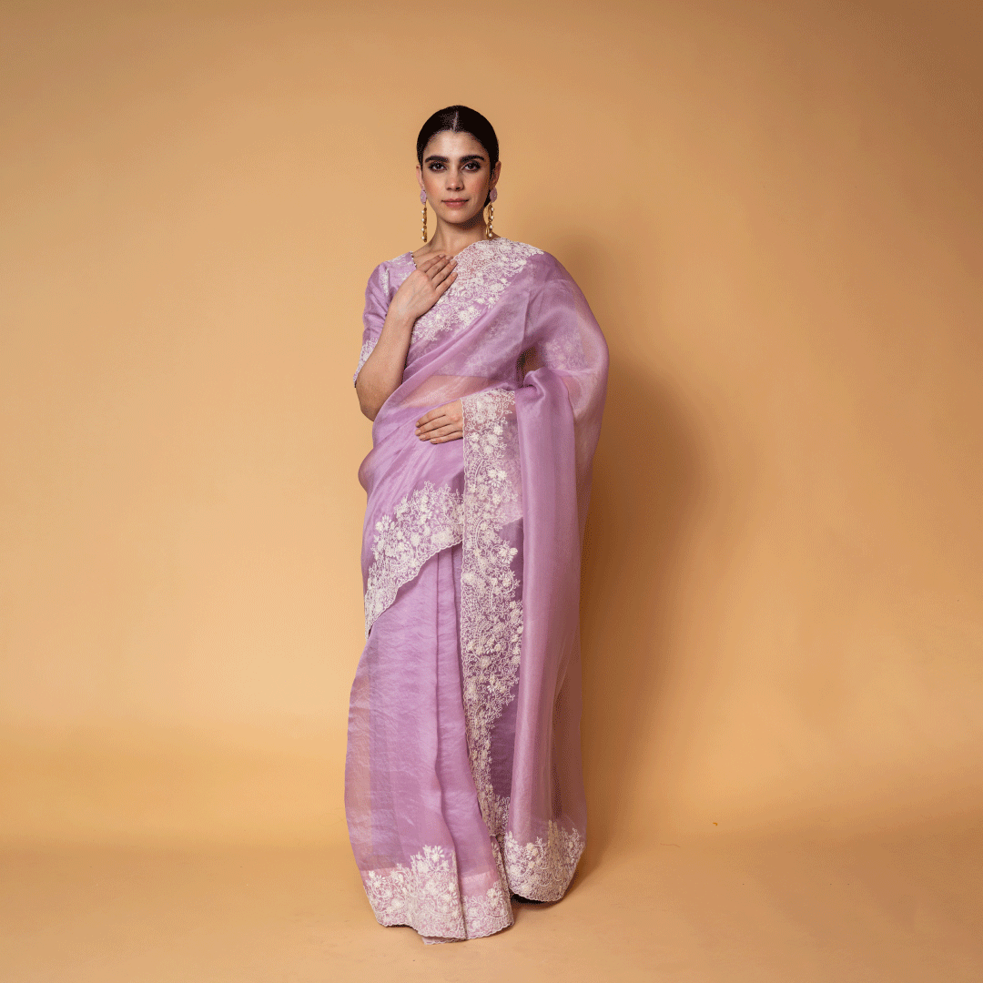 Periwinkle Pure Organza Saree and Blouse