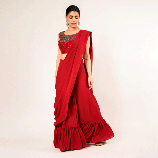 Crimson Maroon Georgette Kardhana Drape Saree and Blouse