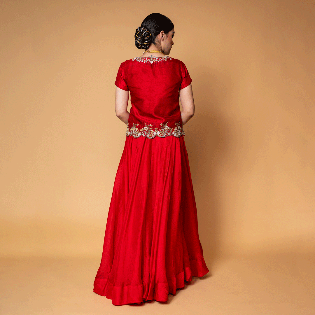 Red Carmine Pure Organza Russian Silk Top and Lehenga