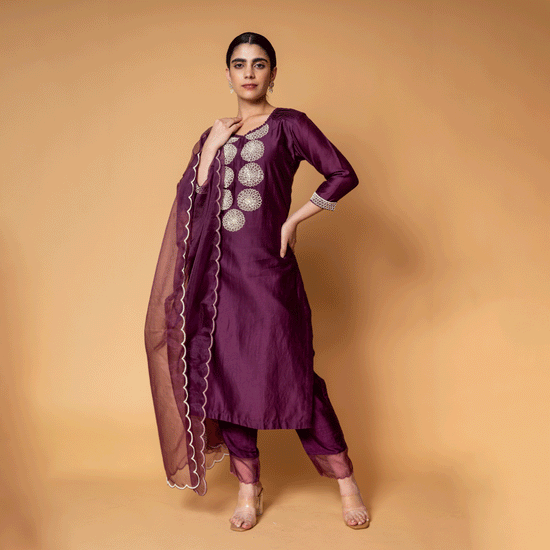 Bordeaux Chanderi Straight Kurta, Pants and Organza Dupatta