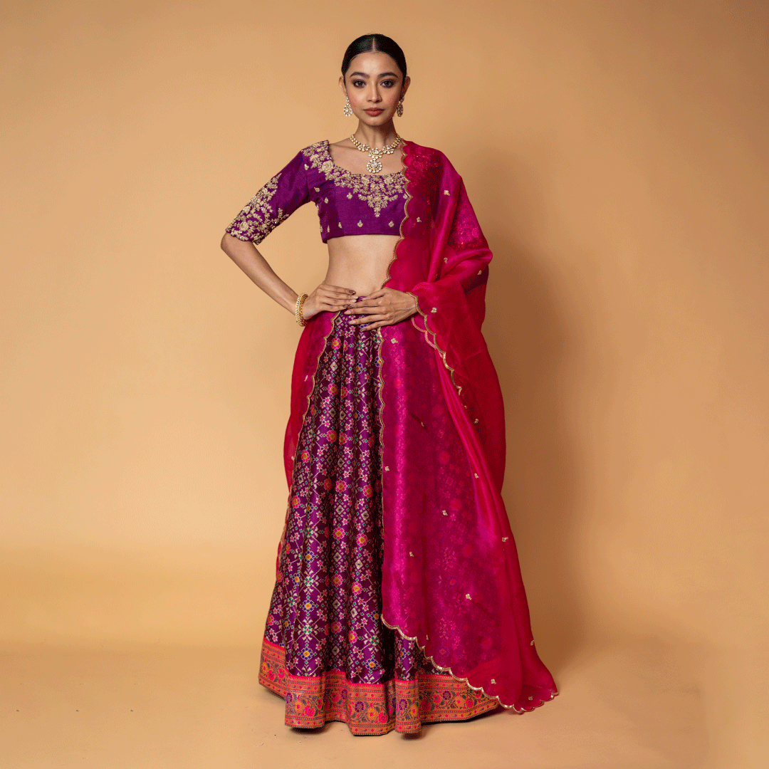 Floret Purple and Pink Silk Lehenga, Silk Blouse and Organza Dupatta