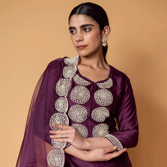 Bordeaux Chanderi Straight Kurta, Pants and Organza Dupatta