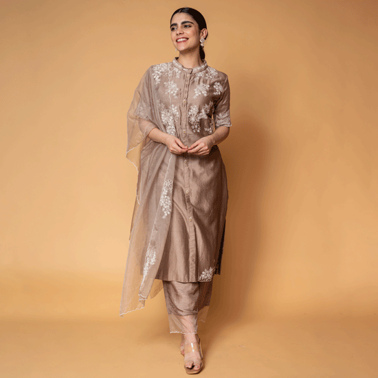 Earl Ash Straight Kurta, Pants and Organza Dupatta