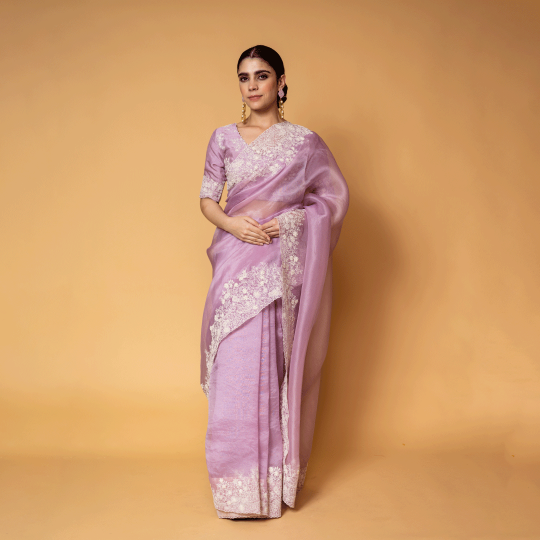 Periwinkle Pure Organza Saree and Blouse