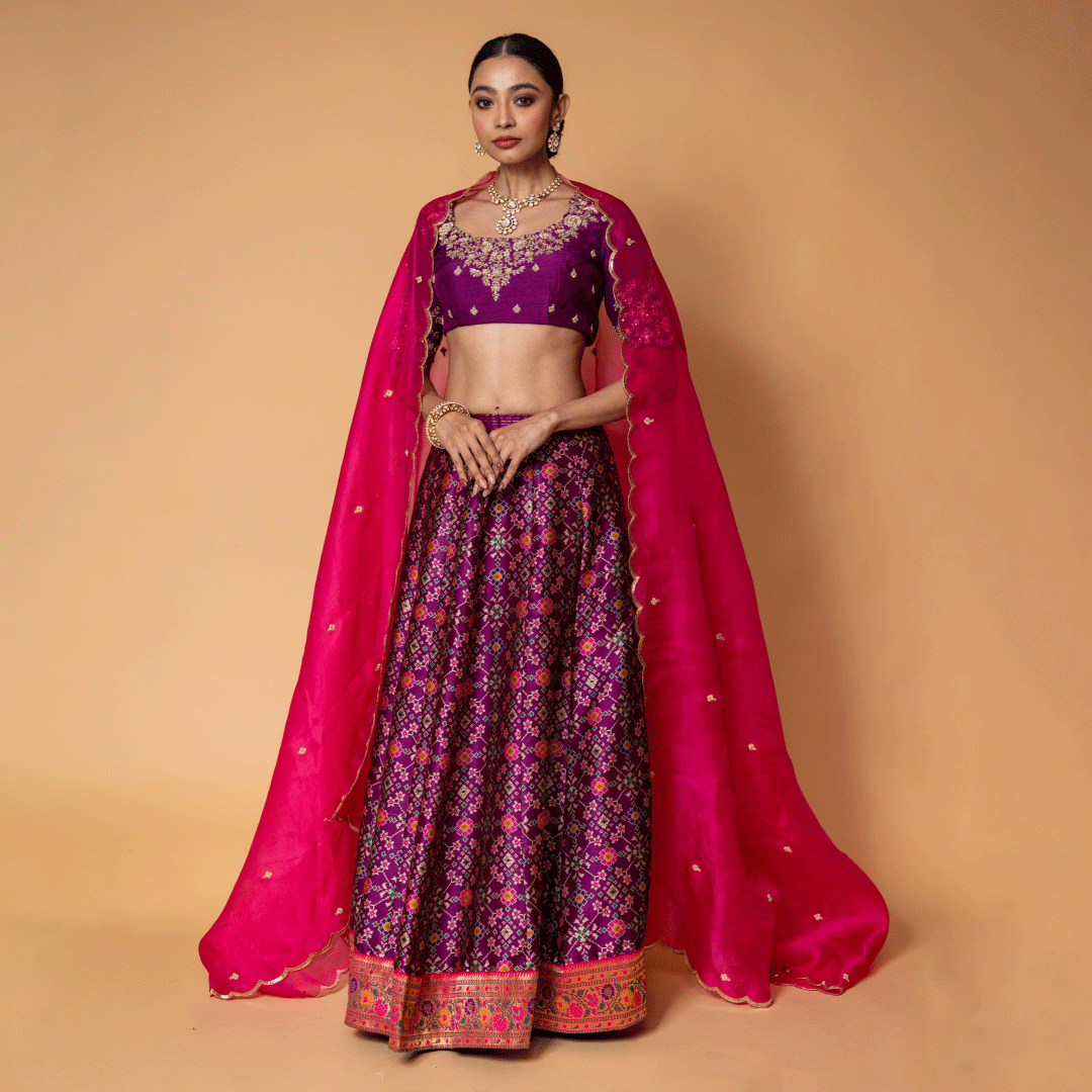 Floret Purple and Pink Silk Lehenga, Silk Blouse and Organza Dupatta