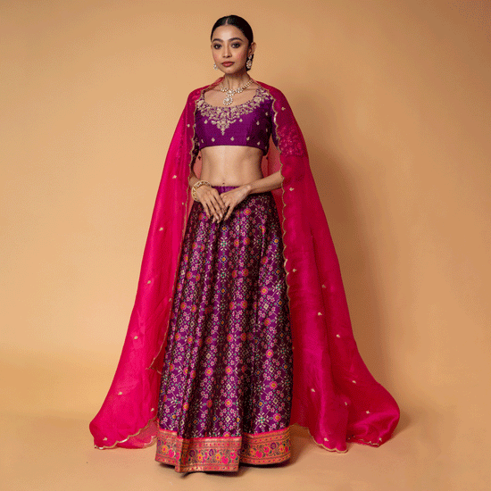 Floret Purple and Pink Silk Lehenga, Silk Blouse and Organza Dupatta