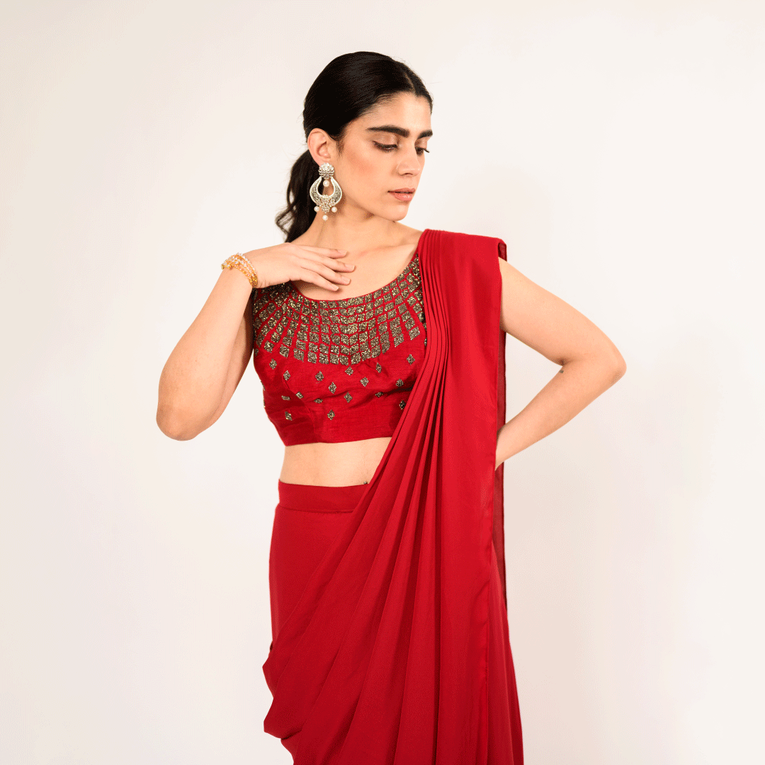 Crimson Maroon Georgette Kardhana Drape Saree and Blouse