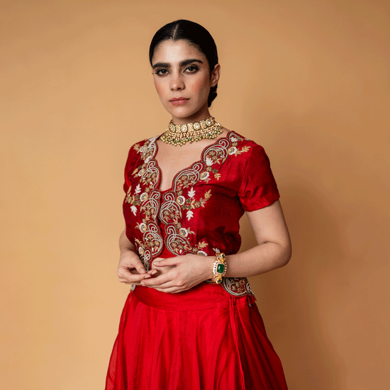 Red Carmine Pure Organza Russian Silk Top and Lehenga