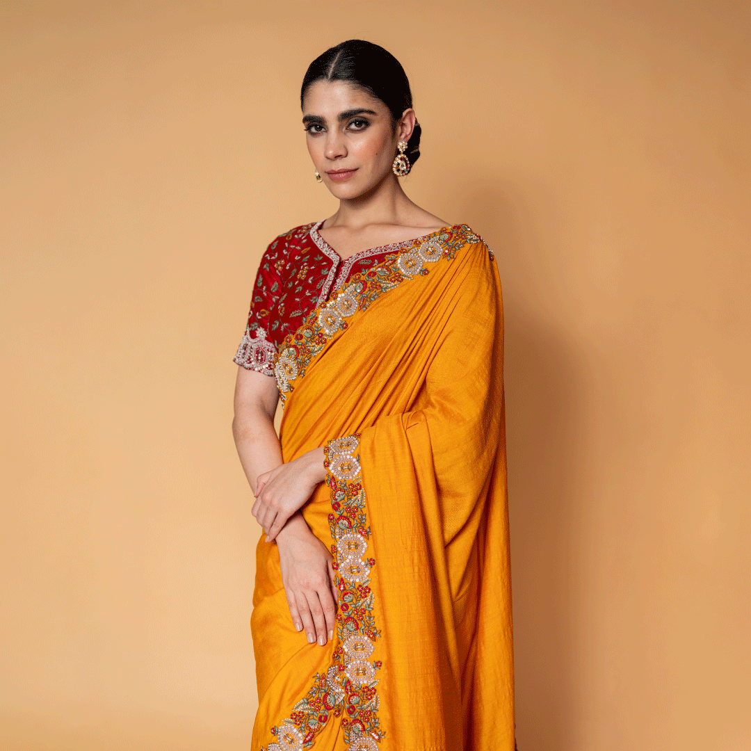 Signature Mustard and Maroon Monga Saree and Blouse