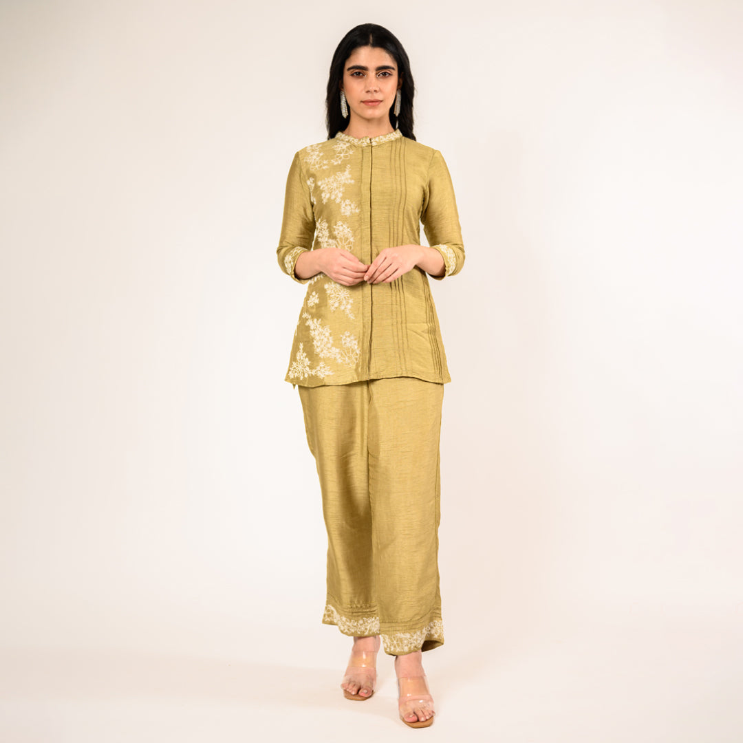 Brewed Mehendi Green Russian Silk Shirt Top with Straight Pants