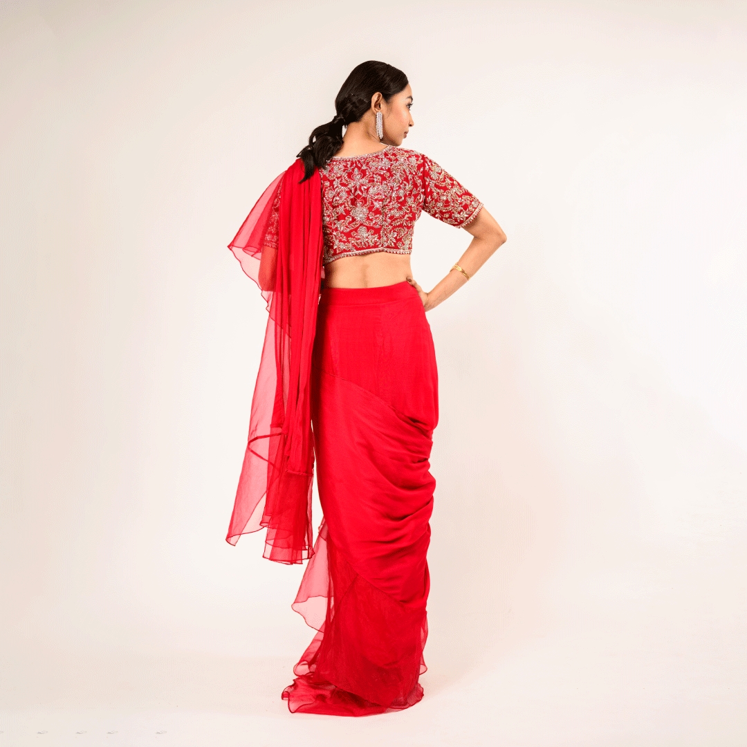 Ruffled Scarlett Pure Chinnon and Organza Drape Saree with Blouse