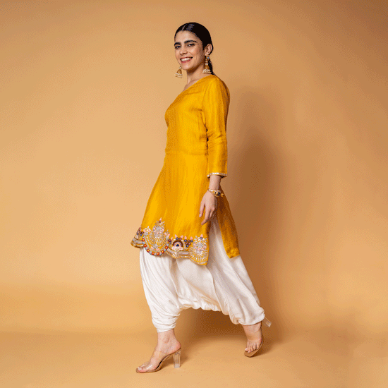 Yellow and White Organza Kurti Top and Satin Harem Pant