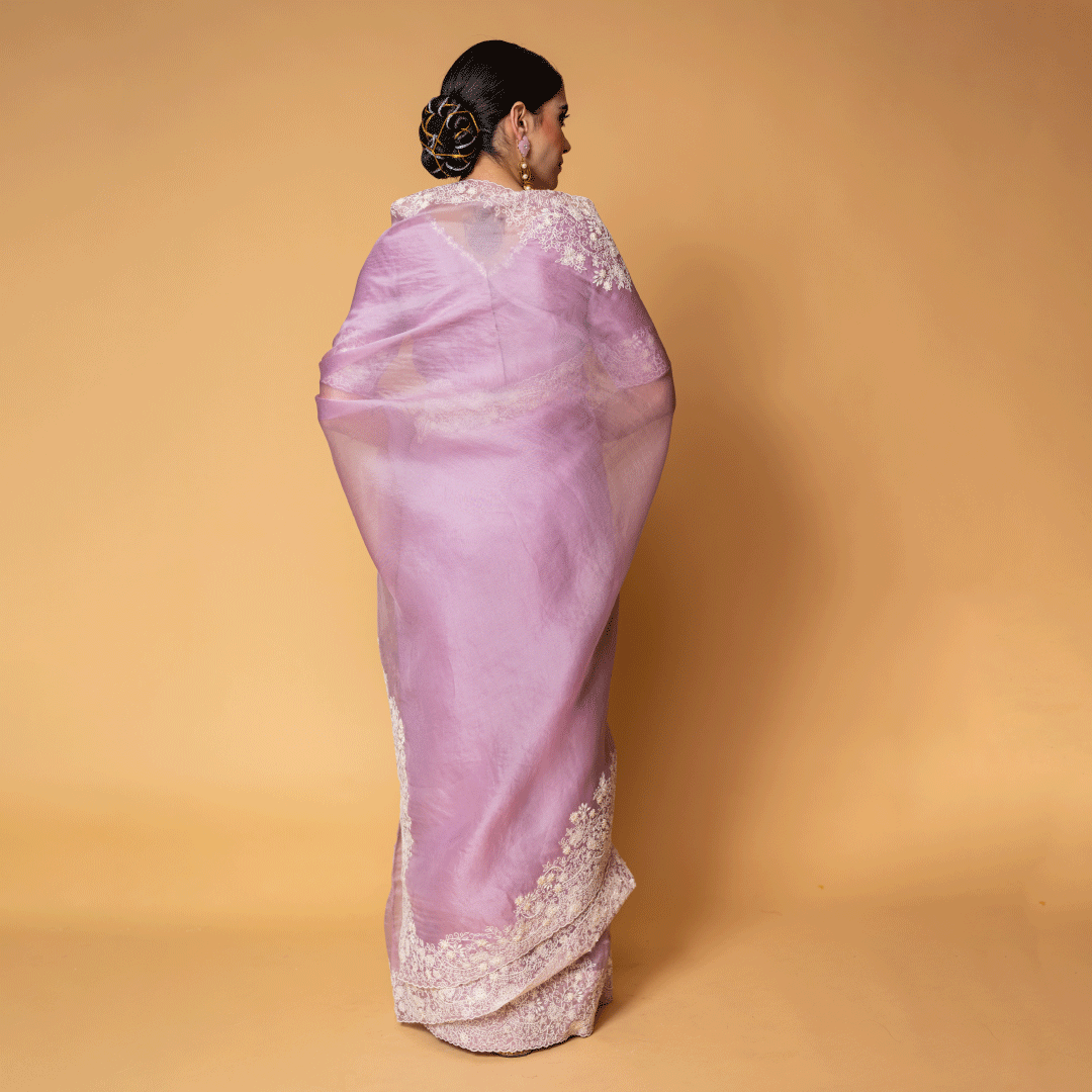 Periwinkle Pure Organza Saree and Blouse