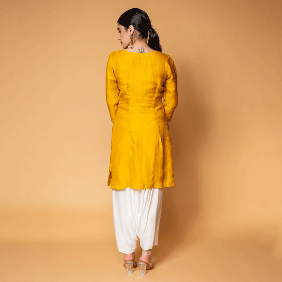 Yellow and White Organza Kurti Top and Satin Harem Pant