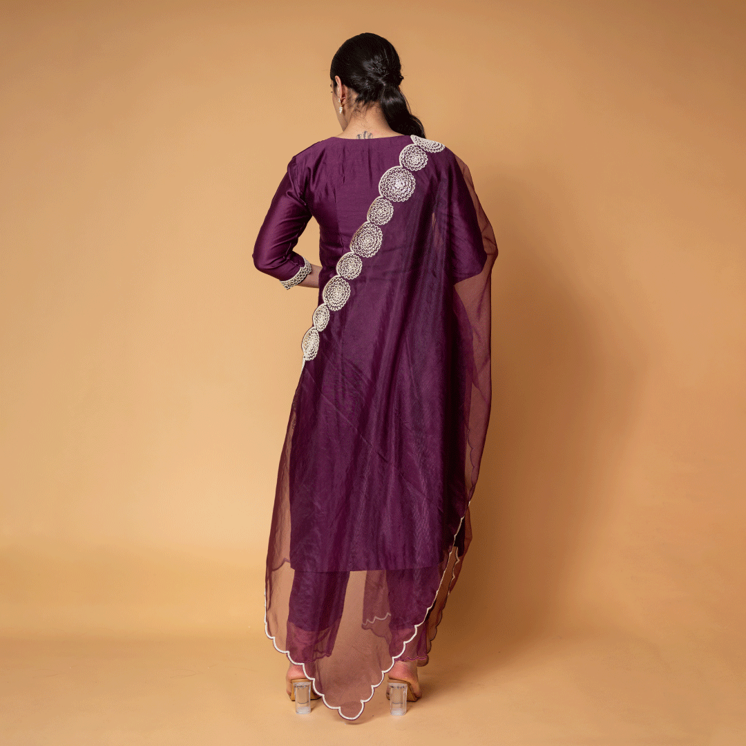 Bordeaux Chanderi Straight Kurta, Pants and Organza Dupatta