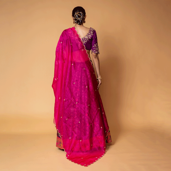 Floret Purple and Pink Silk Lehenga, Silk Blouse and Organza Dupatta