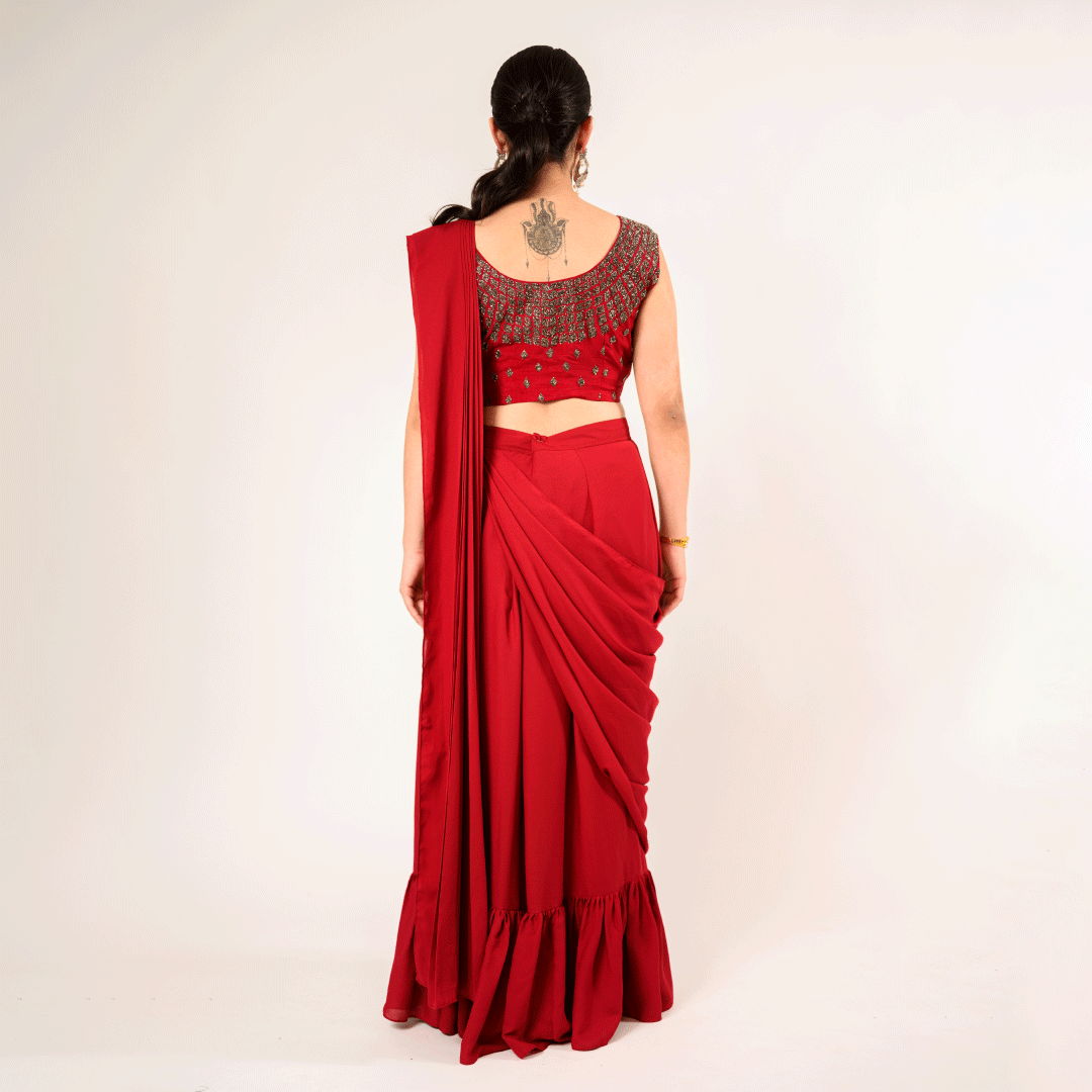 Crimson Maroon Georgette Kardhana Drape Saree and Blouse